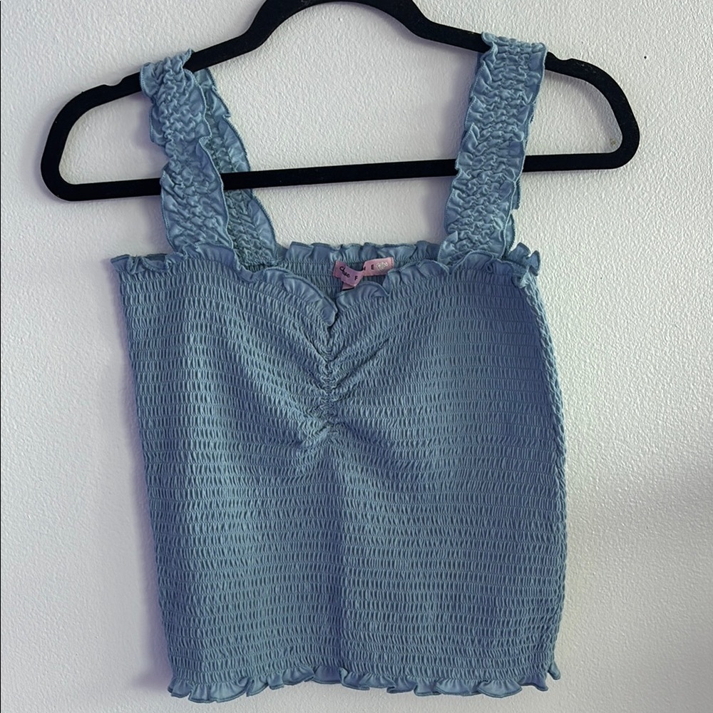 Crave Fame Blue Smocked Ruffled Tank Top